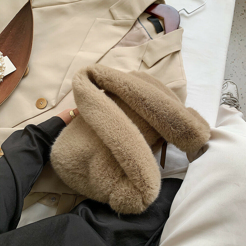 Women Fluffy Shoulder Bag Solid Plush Handbags Female Winter Totes (Brown)