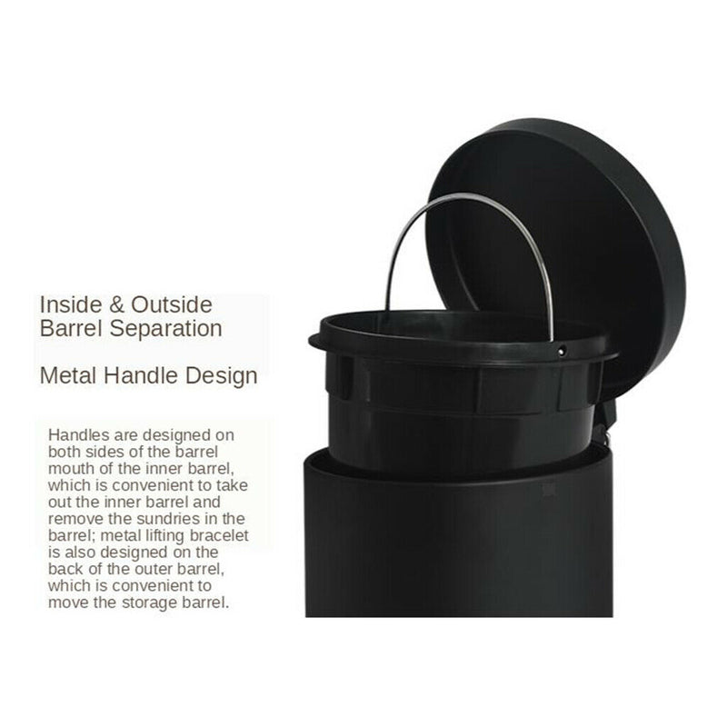 5L Round Metal Step Trash Can Bathroom Silent Wastebasket Garbage Bin Black