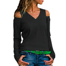 Women Fashion V Neck Cold Shoulder Long Sleeve Knitted Ribbed Sweater T Shi