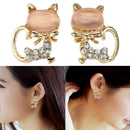 Cat Eye Stone Diamond Shiny Kitty Cute Small Animal Earrings (Pink) A