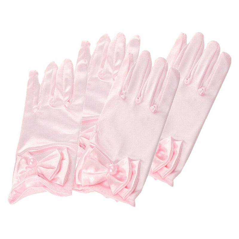 2 Pairs Girls Satin Princess Gloves Wedding Bow Party Gloves Wrist Length