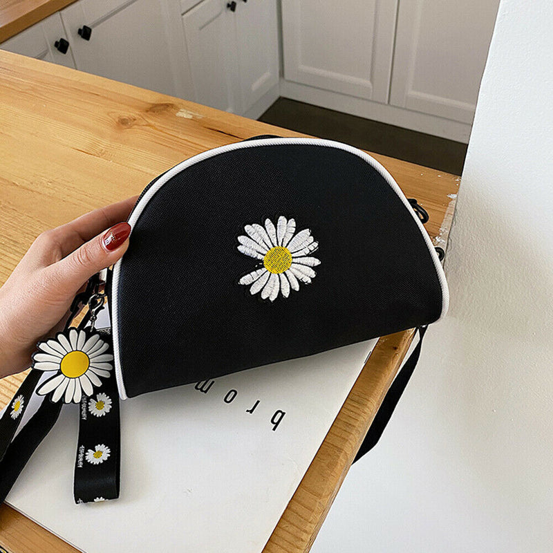 Women Canvas Crossbody Bag Semicircle Shoulder Flower Sling Handbag (Black)
