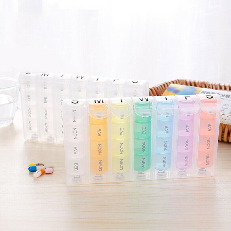 7 Day Weekly Medicine Organizer 28 Slot Pill Dispenser Tablet Storage Pop-Up Box