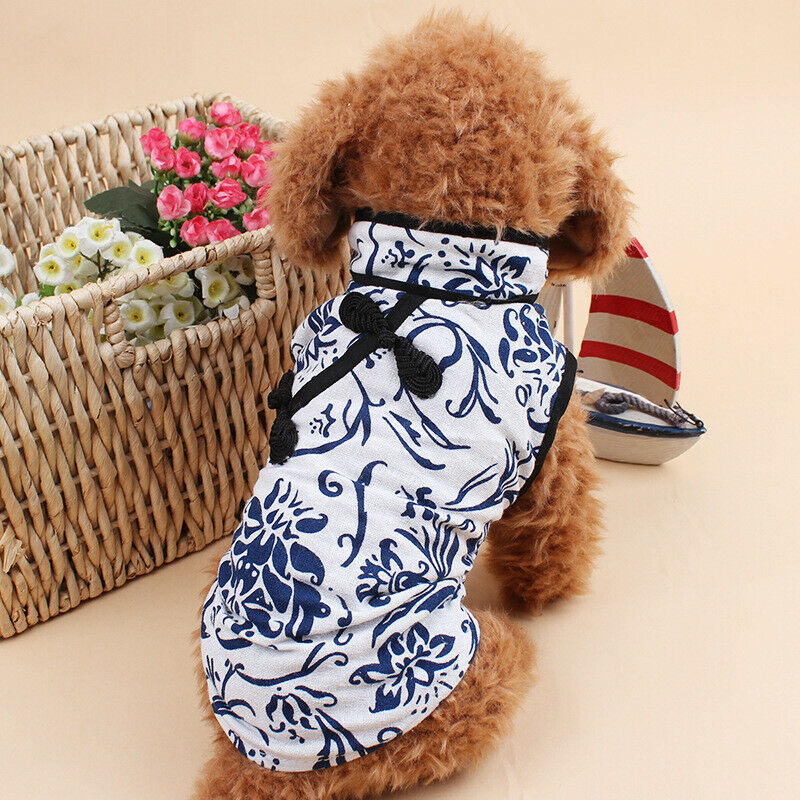Puppy Dog China Fashion Style Blue and white floral Print T-shirt Summer Ve