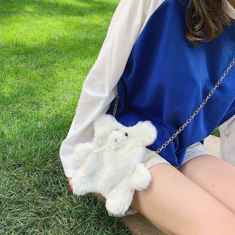 Cute Plush Bear Winter Crossbody Bag Women Crossbody Satchel Bags (White)