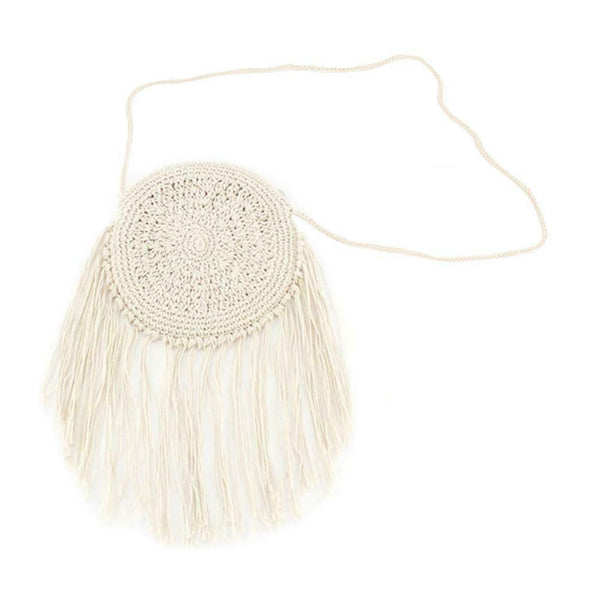 Woven Tassel Shoulder Handbags Women Round Knit Beach Crossbody Bag (White)