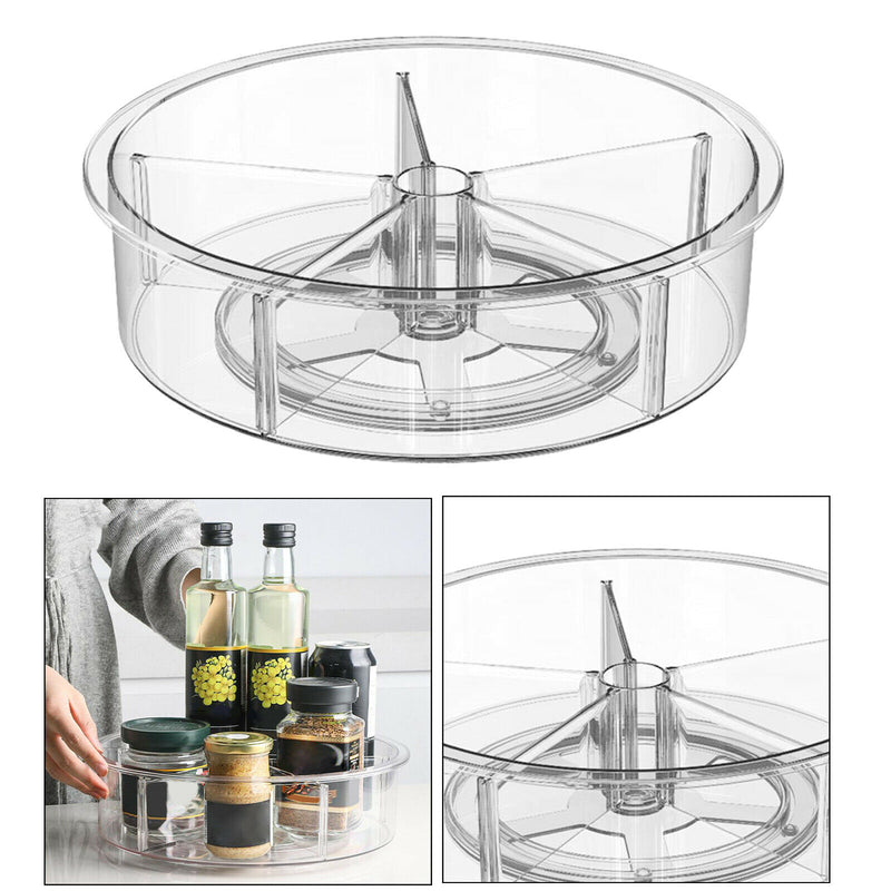 Lazy Susan Divided Turntable Storage Container, Clear Round Organizer Box