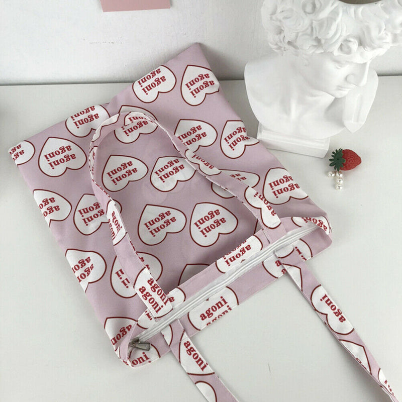 Women Canvas Handbags Tote Heart Letter Reusable Portable Shopping Shoulder Bag