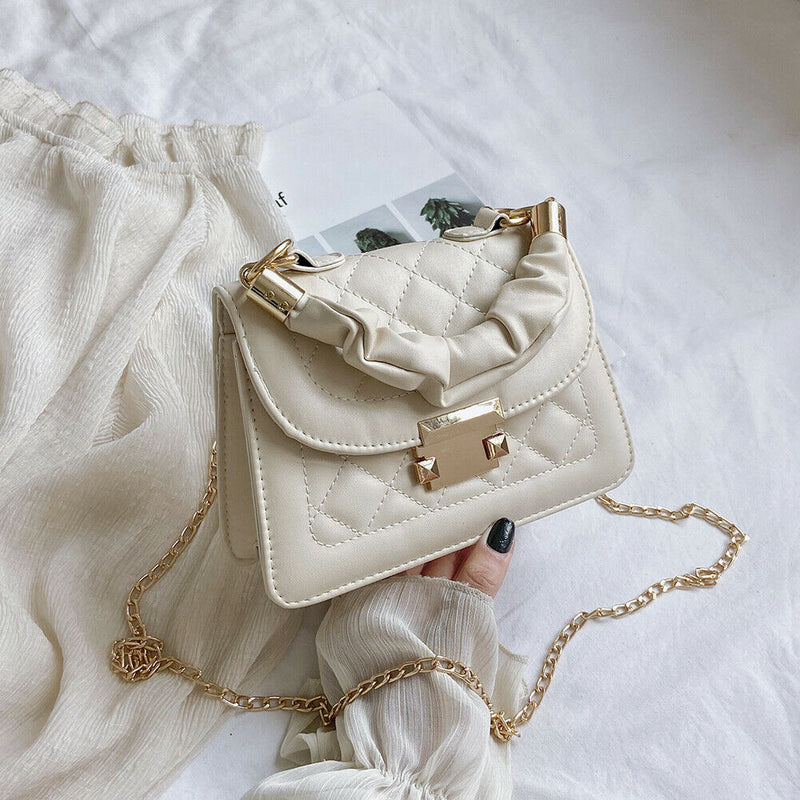 Lattice Pattern Shoulder Bags Women PU Pleated Chain Small Handbag (Beige)