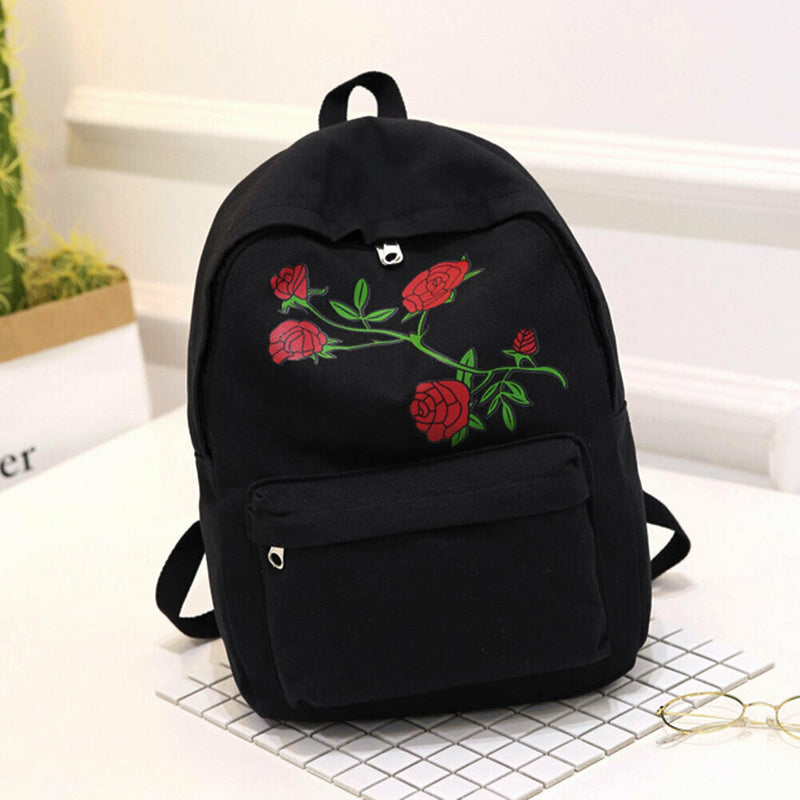 Preppy Chic Women Canvas Flower Embroidery Large Capacity Backpack(Black)