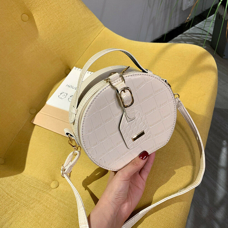 Women Round Shoulder Bag Alligator PU Circle Zip Crossbody Handbag (Beige) A