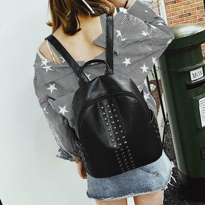 Punk Women Rivets PU Leather Zipper Backpack Teen Girls Casual Shoulder Bag A