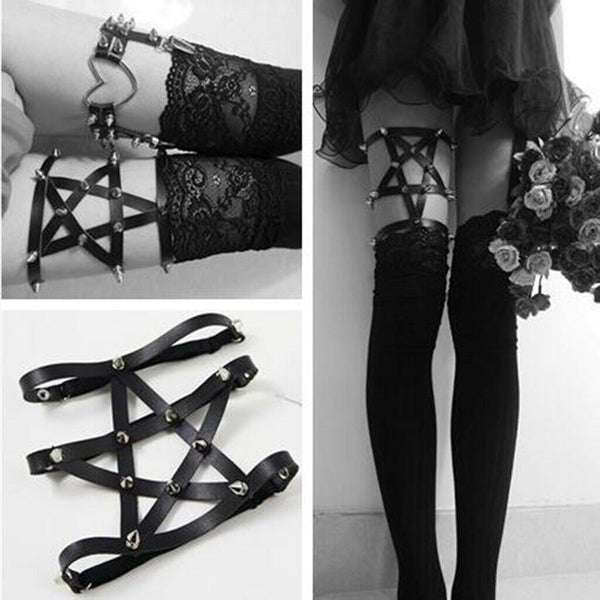 Women  Leg Garter Sexy Leather Punk Rivet Stud Harness Star Pentagram