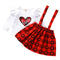 Kids Girls Long Sleeve Love Print Tops Plaid Strap Skirt Set (Red 12-18M) A