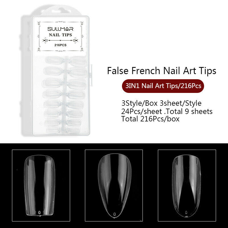 216Pcs 3IN1  Acrylic False All French Nail Art Tips Nail Art Natural DIY ToSEAU