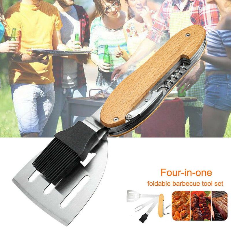 Kitchen Foldable Stainless Steel BBQ Grilling Tools Set Barbecue Brush 4 In 1