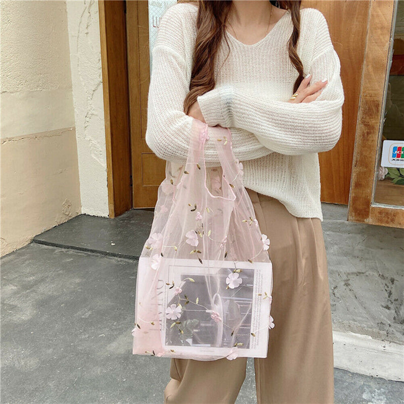 Flower Embroidery Women Shopping Bag Organza Totes Sweet Handbag (Style 2)
