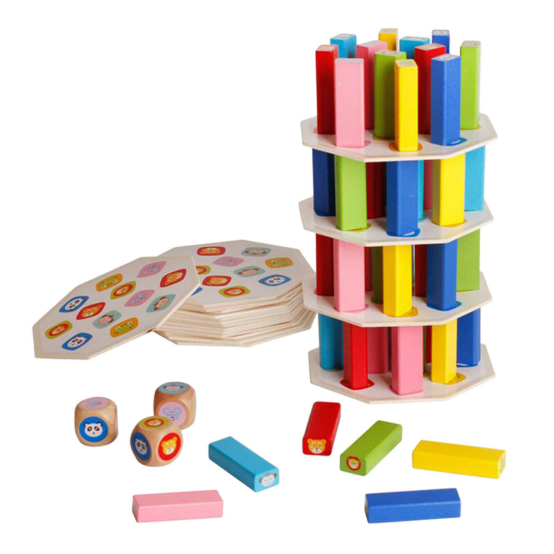 Colored Wooden Tower Stacking Game, Fine Motor Skill Building Blocks with Dice