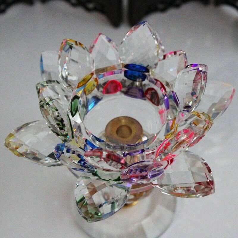 Glass Block Lotus Flower Metal Candle Holders Feng Shui Home Decor Big Teal R4D6