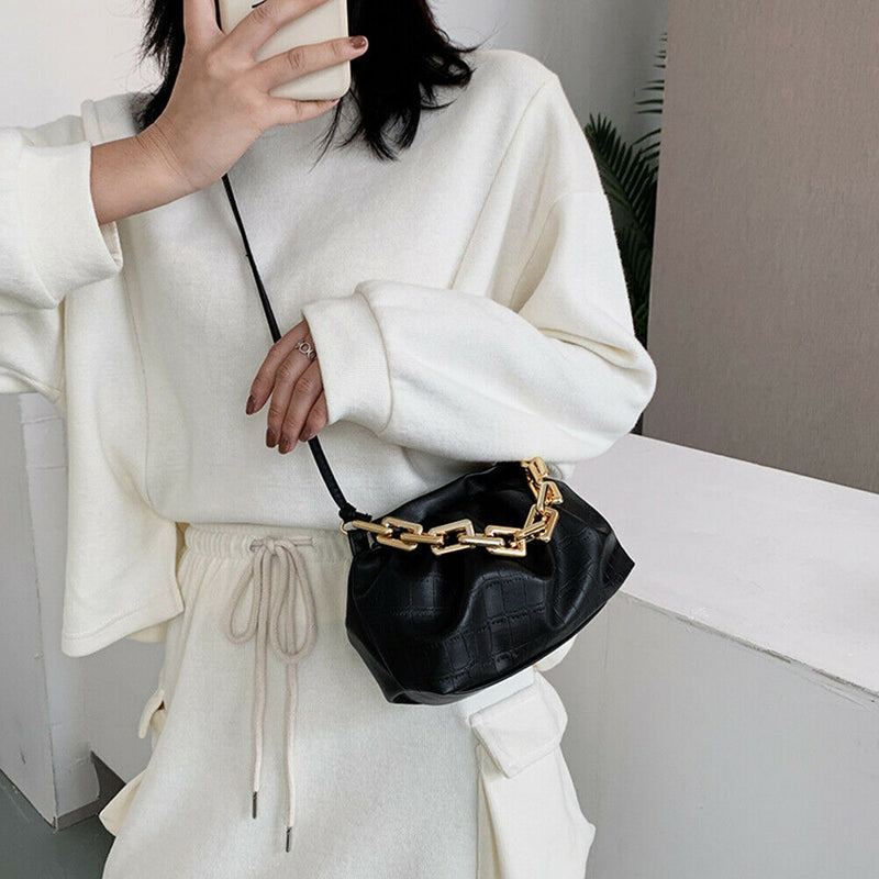 Women Pleated Handbag Stone Pattern PU Chain Shoulder Crossbody Bag (Black)
