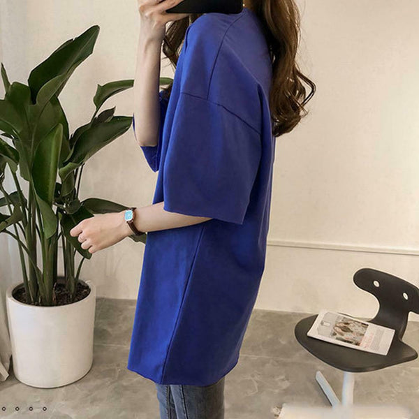 Summer Half Sleeve Long T-shirt Candy Color Loose Women Tops (Dark Blue XL)