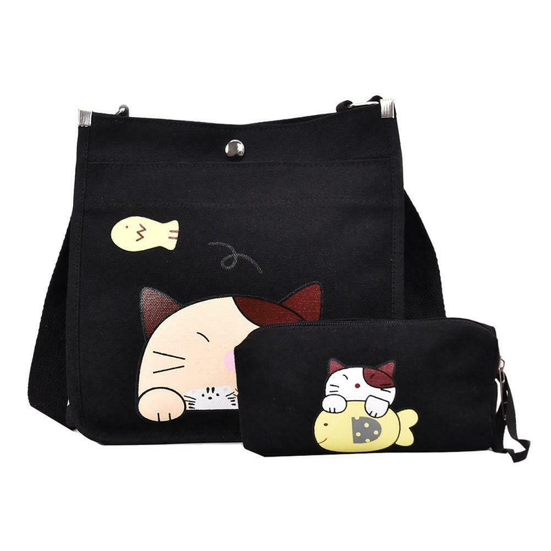 2pcs/set Women Canvas Cat Print Shoulder Crossbody Handbags Pen Bag (Black)
