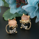 Cat Eye Stone Diamond Shiny Kitty Cute Small Animal Earrings (Pink) A