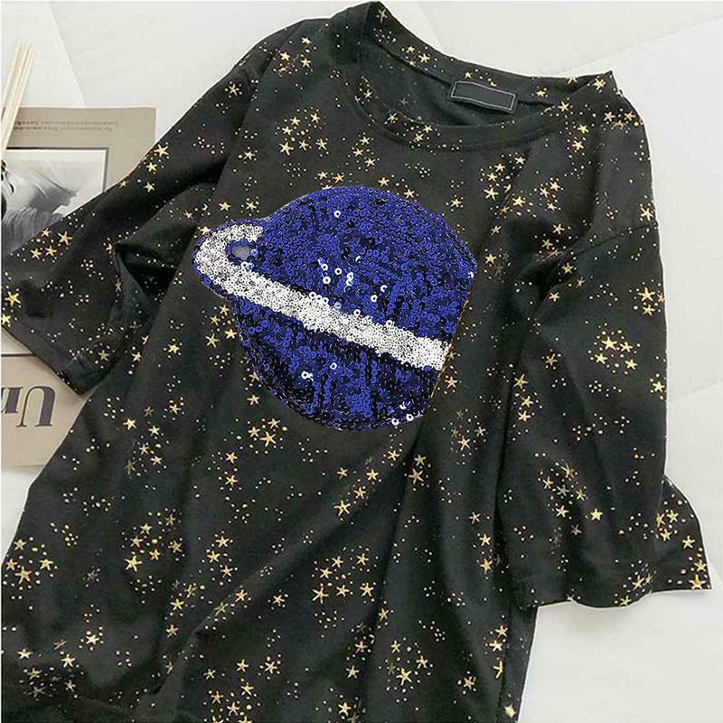 Summer Women Loose T-shirt Star Print Sequin Short-Sleeve TopsÃ¯Â¼Ë†Black) (XL) A