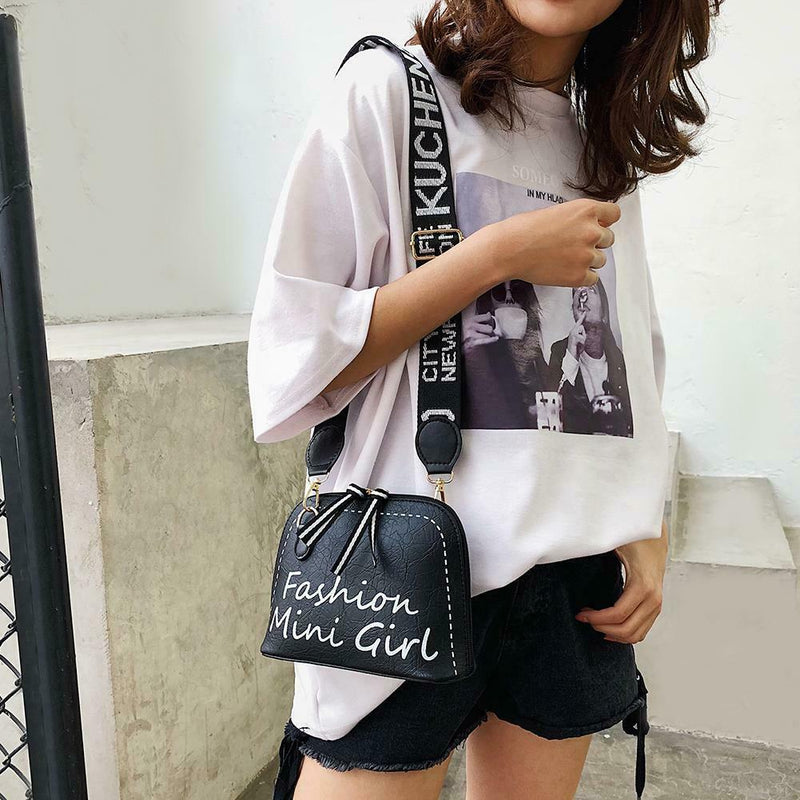 Women PU Leather Shell Wide Shoulder Strap Crossbody Messenger Bag (Black)