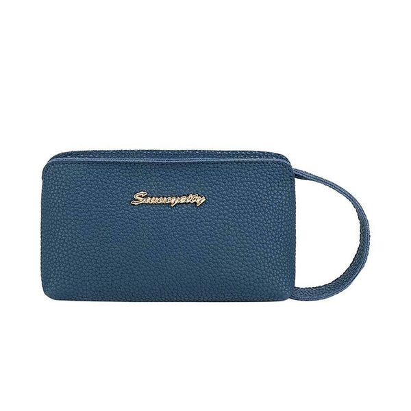 Women Handbag Leather Solid Color Money Purse Wrist Pocket Clutch (Blue)