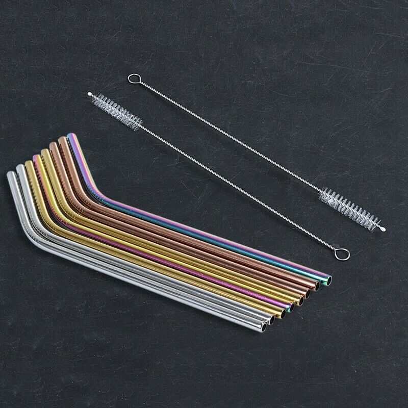 10 Pack - Stainless Steel Coloured Reusable Straws - Includes 2 Long Cleani U5J8