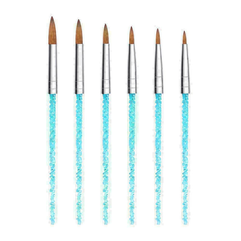 6Pcs/set Nylon Hair Nail Brush Blue Rhinestone Handle Kolinsky Acrylic Brus X3J0