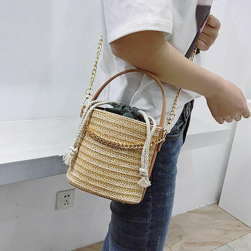 Women Straw Handbag Tote Summer Holiday Woven Bucket Bag Leisure Chain Shou H9W7