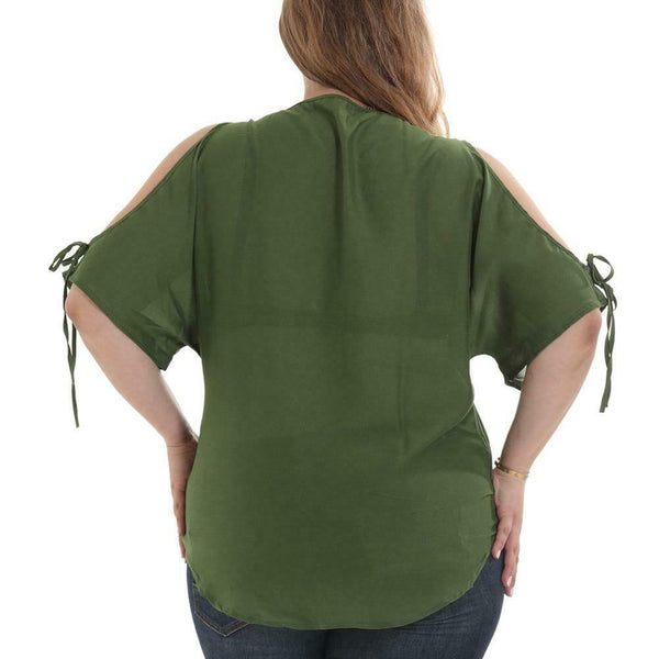 Off Shoulder Short Sleeve T Shirts Women Chiffon Tops (Army Green)(5XL)