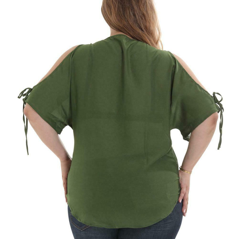 Off Shoulder Short Sleeve T Shirts Women Chiffon Tops (Army Green)(5XL)
