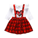 Kids Girls Long Sleeve Love Print Tops Plaid Strap Skirt Set (Red 12-18M) A