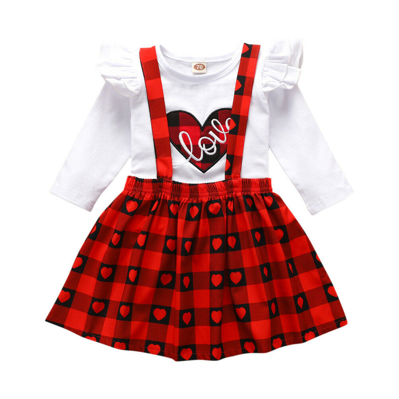 Kids Girls Long Sleeve Love Print Tops Plaid Strap Skirt Set (Red 12-18M) A