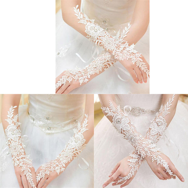 Crystal White Lace Bridal Glove Wedding Party Pageant Long Gloves Fingerless FT