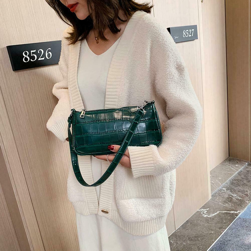 Retro Handbag Women Crocodile Leather Tote Office Lady Shoulder Bag (Green)