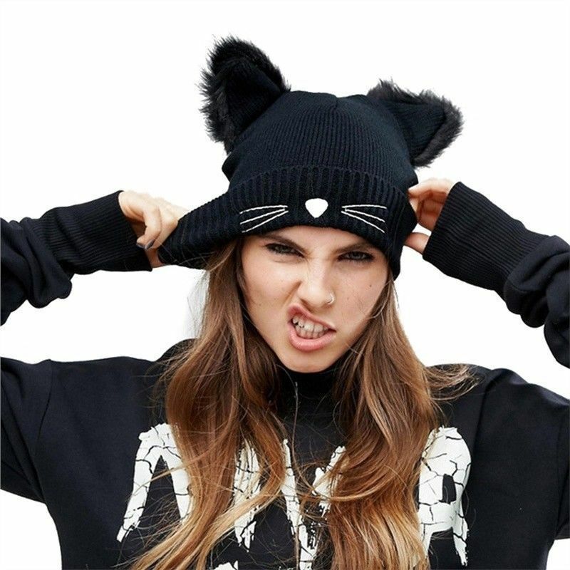 New Cat Ear Beanies Warm Winter Knitted Cute Cat Beard Crochet Braided Hat