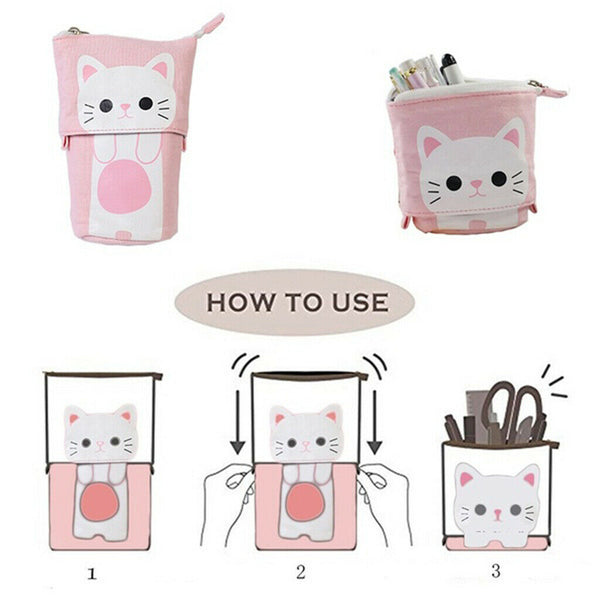 Cute Cat Pencil Case Flexible Pen Bag Zipper Box Makeup Brush Pouch White