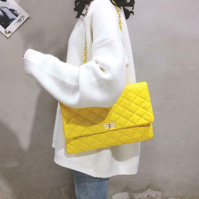 Fashion Women Shoulder Messenger Handbag Chain Leather Evening Bag (Yellow) A