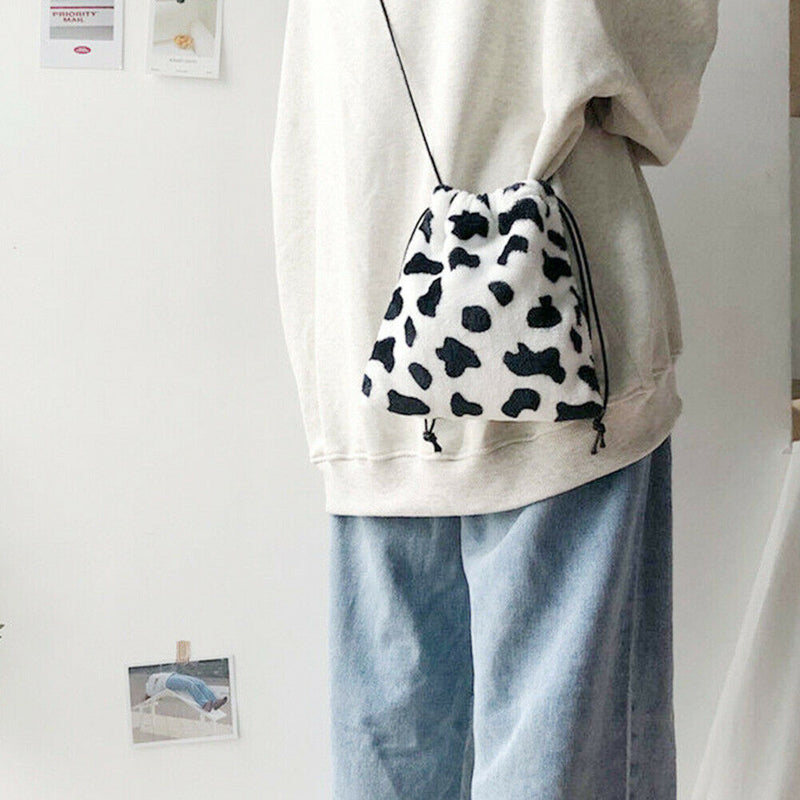 Women Plush Crossbody Bag Cow Milk Print Shoulder Drawstring Mini Handbags