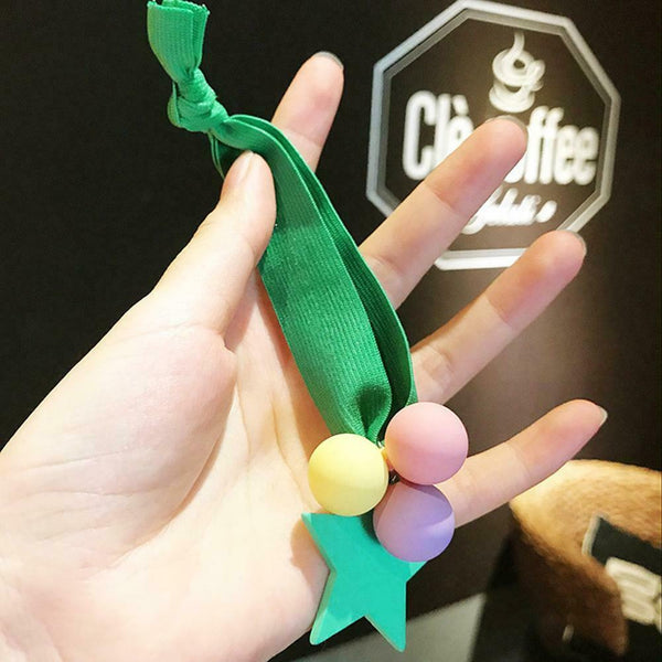 Star Pompom Hair Rope Women Ponytail Holder Elastic Rubber Bands (Green) A#S