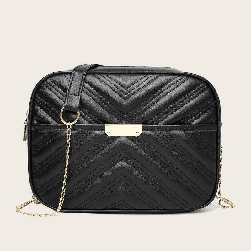 Women Simple Leather Crossbody Bag Chain Shoulder Messenger Handbag (Black) A