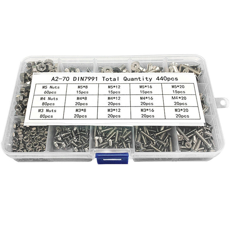 440pcs DIY Tool Stainless Steel Assortment Bolts Nuts Set Button Head
