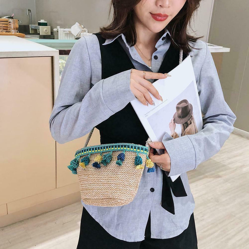 Women Tassel Shoulder Bags Straw Messenger Crossbody Beach Handbags (Green) A