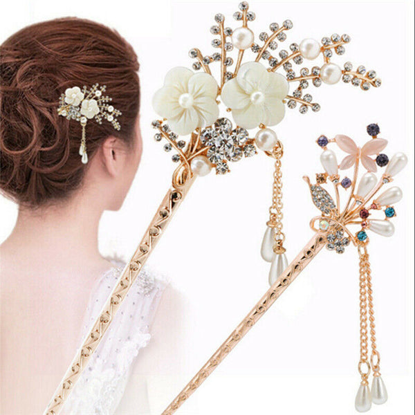Women Elegant Flower Wedding  Hair Pin Colorful Hairpin Rhinestone Hair Stick Gw