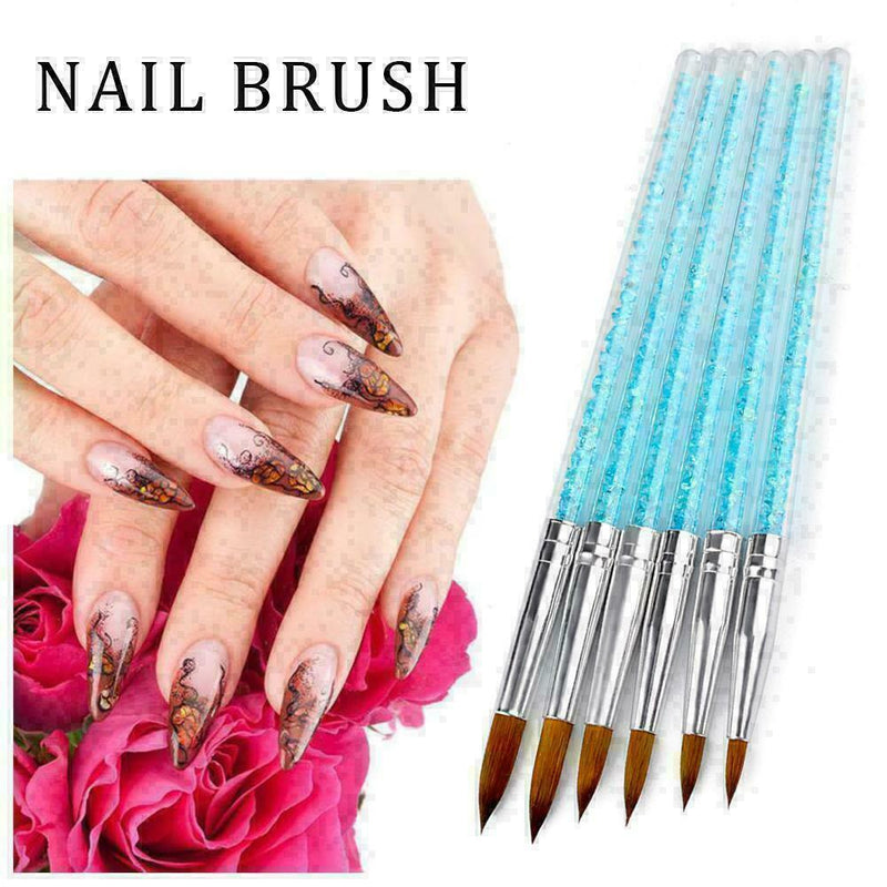6Pcs/set Nylon Hair Nail Brush Blue Rhinestone Handle Kolinsky Acrylic Brus X3J0