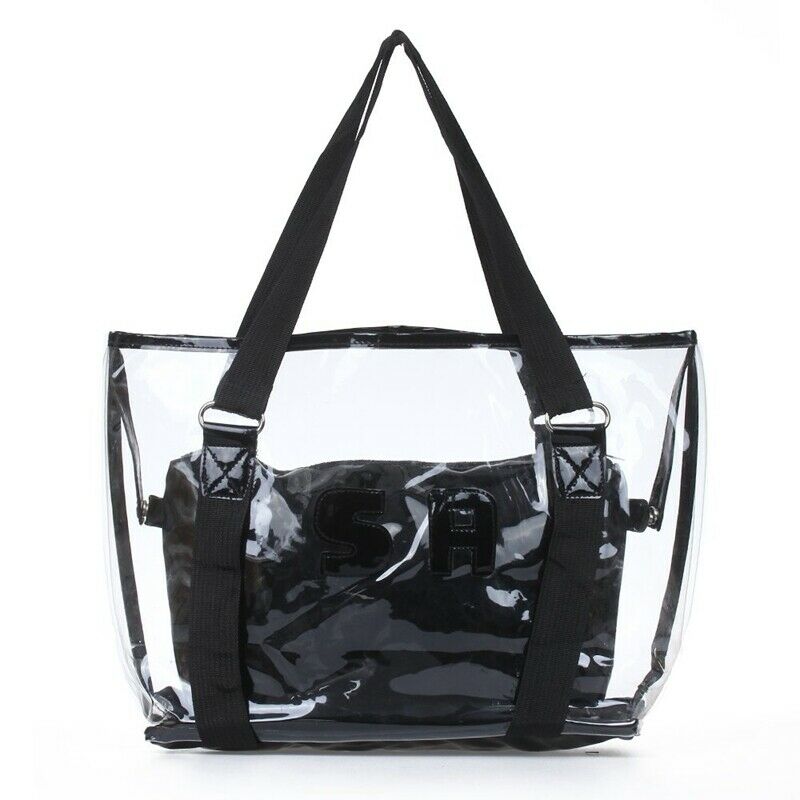 Set 2PCS Women's Handbag Tote Shoulder Bag Transparent PVC Black Fashion H7B4